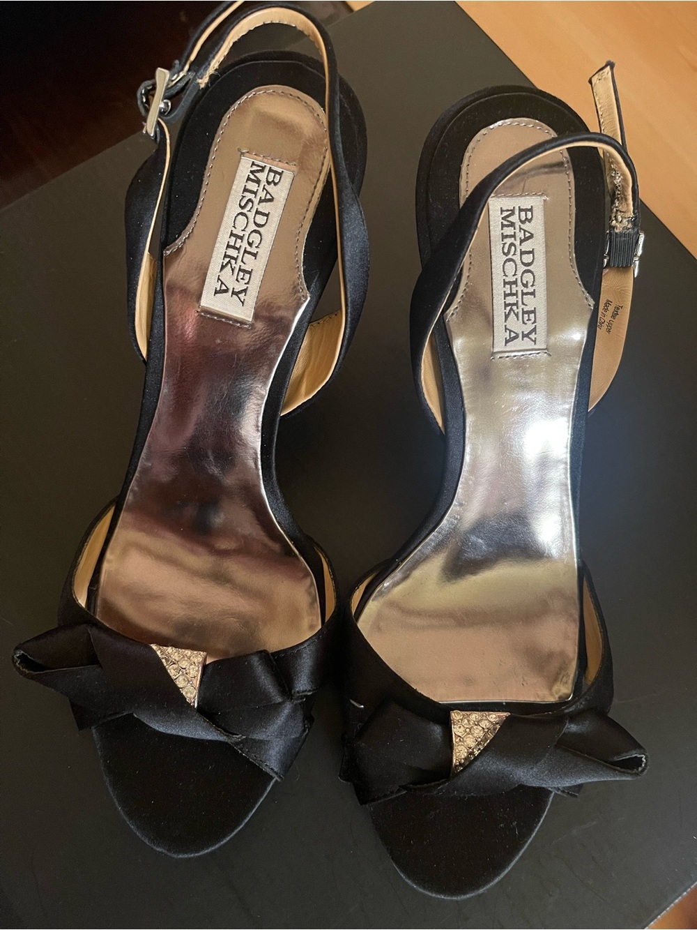 Badgley Mischka Black Satin Bow Slingback Leather Sole Heels w~diamond Crystals